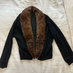 Black Cashmere Cardigan with Brown Fur Collar